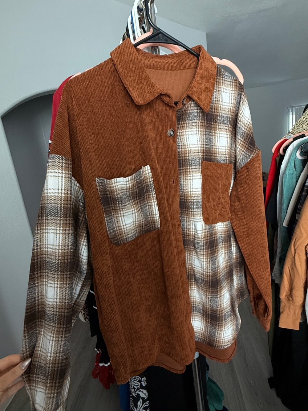 Rust Brown Corduroy & Plaid Button-Up Shacket